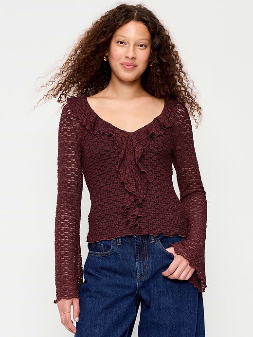 Fitted Bell-Sleeve Ruffle Top - Reddy Or Not