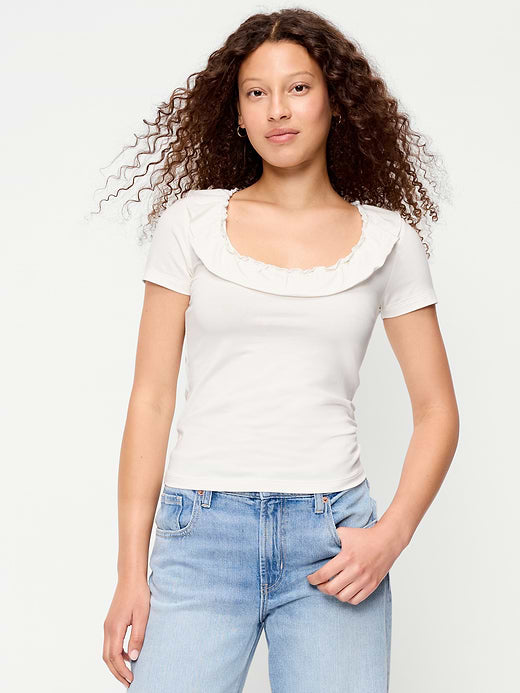 Lettuce-Edge Scoop-Neck Top - Sea Salt