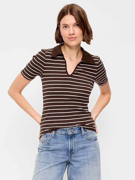 Keyhole Polo Top - Earth Brown Stripe