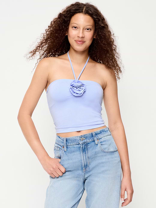 Tie-Neck Rosette Tube Top - Powder Blue