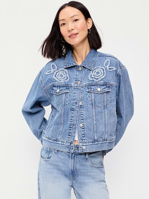 Embroidered Cropped Denim Jacket - Medium Indigo