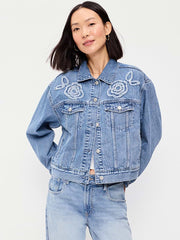 Embroidered Cropped Denim Jacket - Medium Indigo
