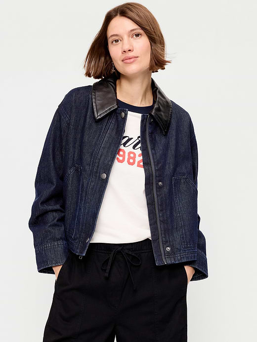 Cropped Denim Barn Jacket - Dark Rinse