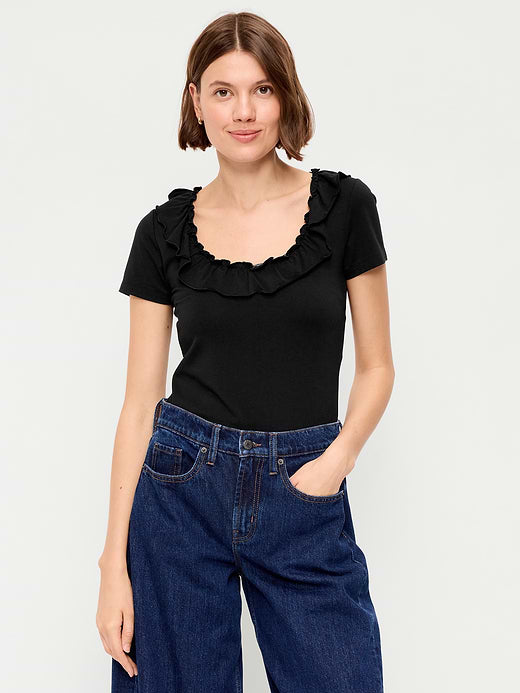 Lettuce-Edge Scoop-Neck Top - Black Jack