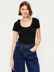 Lettuce-Edge Scoop-Neck Top - Black Jack