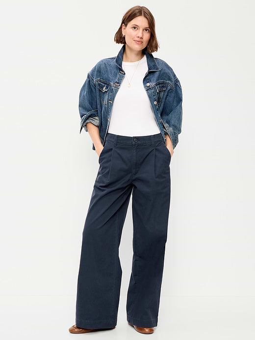 Mid-Rise Pleated Wide-Leg Pants - Navy Captain