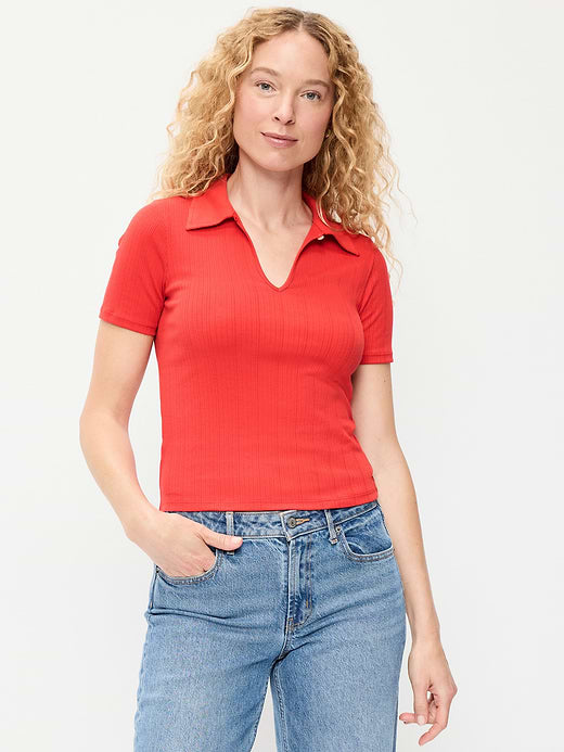 Ribbed Keyhole Polo Top - Scotty Red
