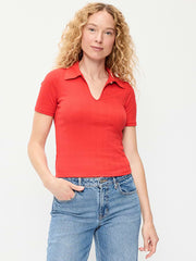 Ribbed Keyhole Polo Top - Scotty Red