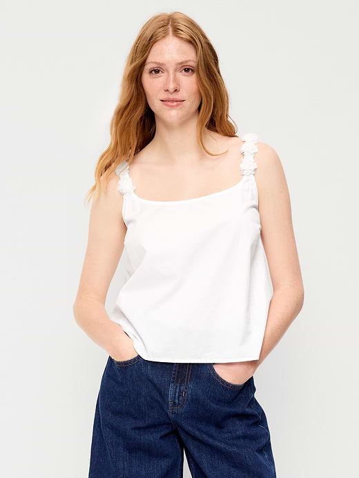 Rosette-Strap Tank Top - White Lilies
