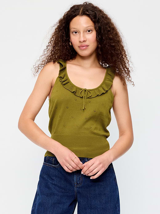 SoSoft Cotton Tie-Front Pointelle Tank Top - Mysterious Fern