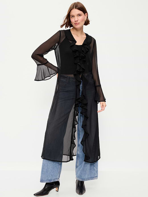 Long-Sleeve Sheer Chiffon Duster - Black Jack
