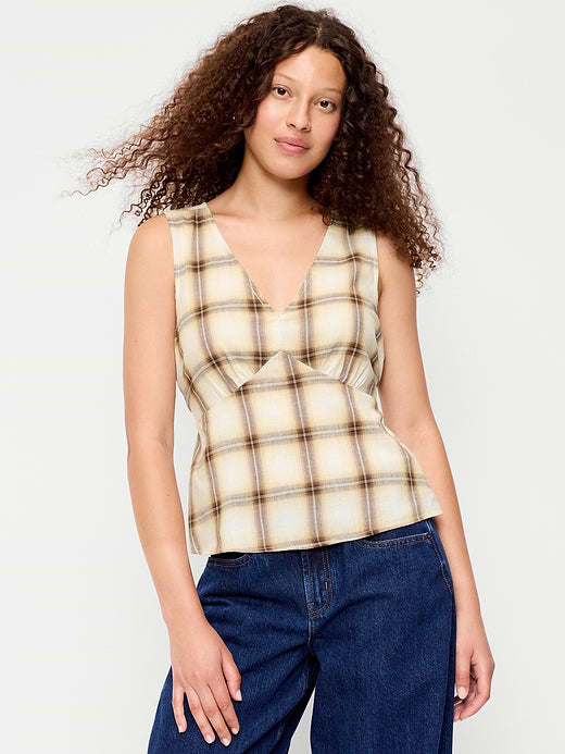 Sleeveless V-Neck Tie-Back Top - Brown Plaid