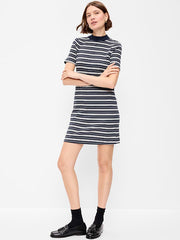 Snug Mock-Neck Bodycon Mini Dress - Navy Stripe