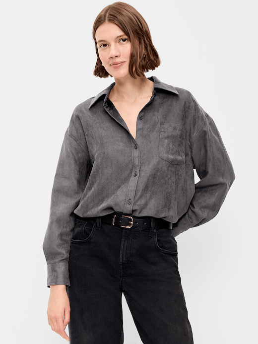 Oversized Faux-Suede Button-Down Boyfriend Shirt - Tungsten