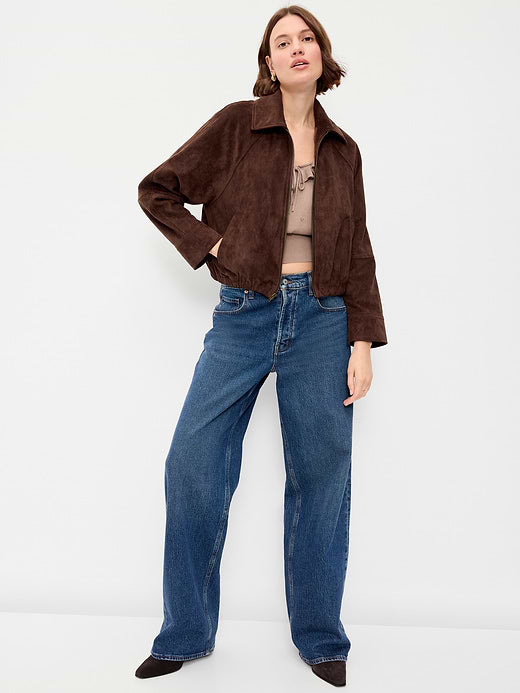 Full-Zip Faux-Suede Harrington Jacket - Dark Brown