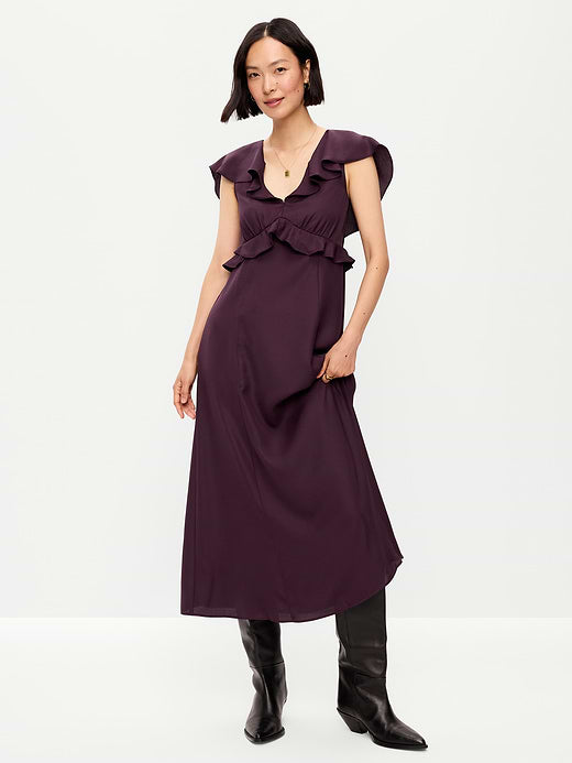Flutter-Sleeve Crepe Maxi Dress - Veil of Night