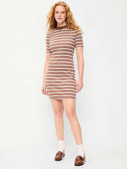 Snug Mock-Neck Bodycon Mini Dress - Earth Brown Stripe