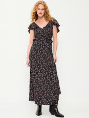 Flutter-Sleeve Crepe Maxi Dress - Black Ditsy Floral