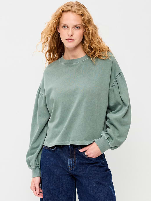 SoComfy Oversized Puff-Sleeve Cropped Sweatshirt - Cavernous
