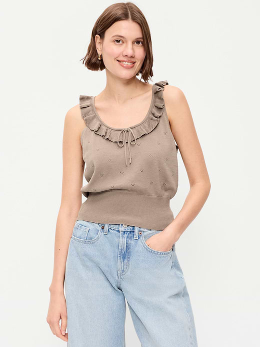SoSoft Cotton Tie-Front Pointelle Tank Top - Chocolate Malt
