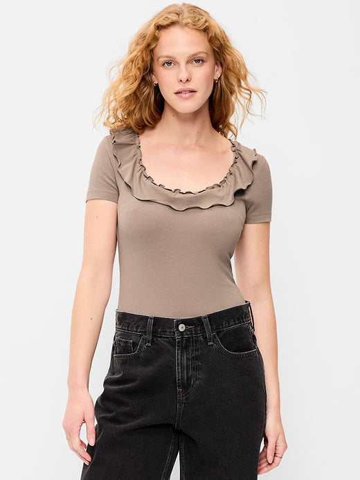 Lettuce-Edge Scoop-Neck Top - Chocolate Malted