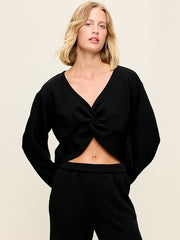 Bounce Fleece Long-Sleeve Twist-Front Top - Black Jack