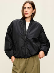 Water-Resistant Oversized Bubble-Hem Zip Bomber Jacket - Black Jack