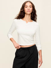 Long-Sleeve Split-Neck Top - White Lilies
