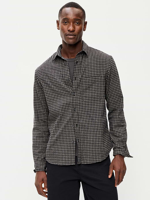 Relaxed Long-Sleeve Plaid Flannel Pocket Shirt - Black Check
