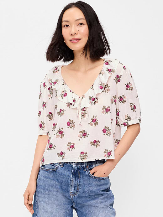 Ruffle Collar Tie-Front Top - White Floral