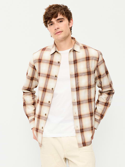 Relaxed Long-Sleeve Plaid Flannel Pocket Shirt - Orange Plaid