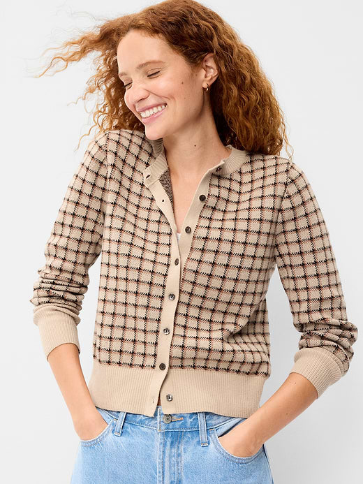 SoSoft Cotton Crew-Neck Cardigan Sweater - Neutral Plaid