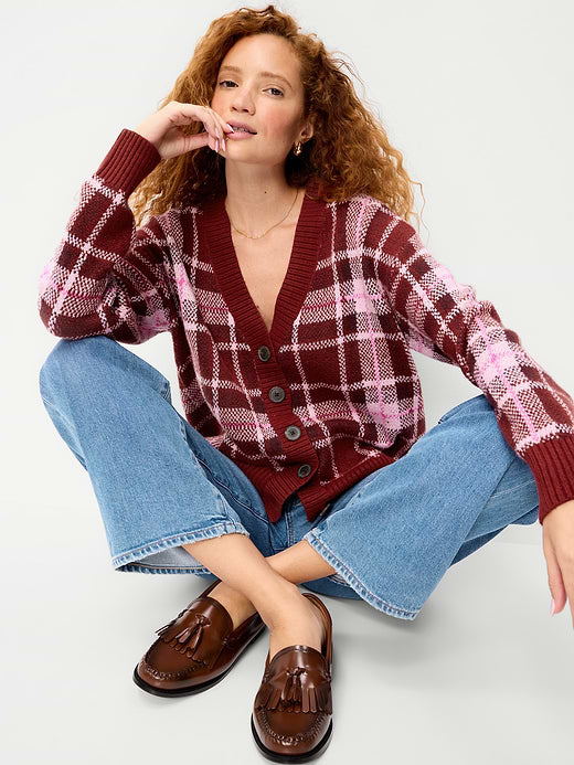 SoSoft V-Neck Cardigan Sweater - Red Plaid