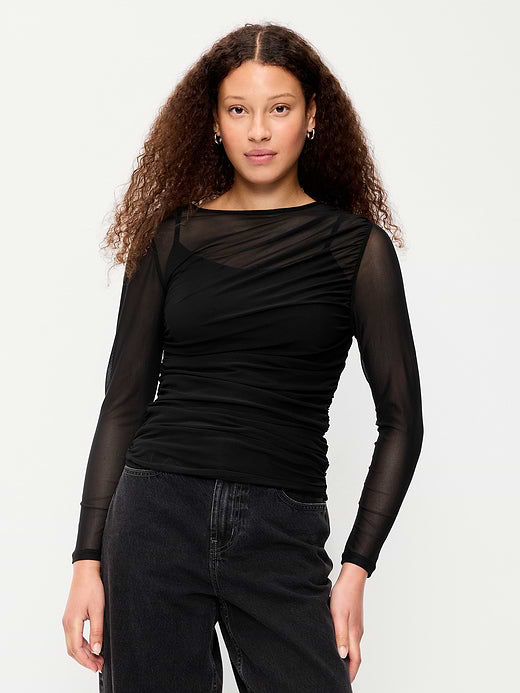 Long-Sleeve Asymmetrical Unlined Mesh Top - Black Jack