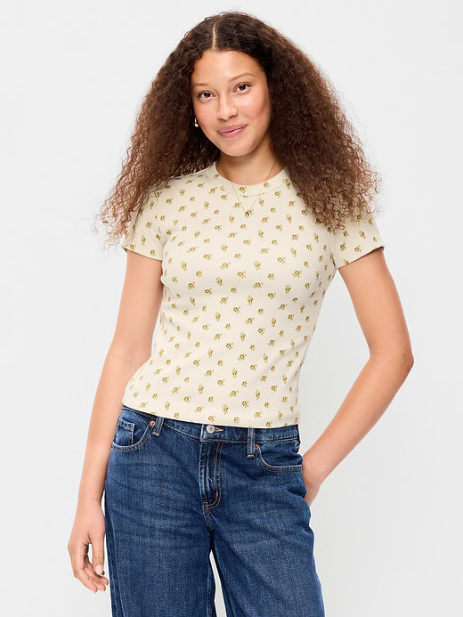 Snug Crop Ribbed T-Shirt - Green Floral