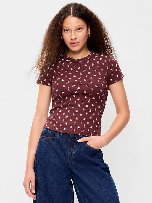 Snug Crop Ribbed T-Shirt - Burgundy Floral