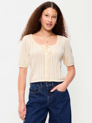 Seaside Cotton Short-Sleeve Button-Down Sweater - Creme De La Creme