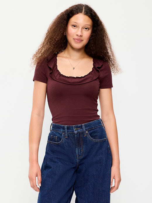 Lettuce-Edge Scoop-Neck Top - Reddy Or Not