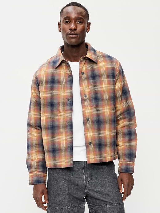 Cropped Insulated Flannel Shacket - Brown Plaid