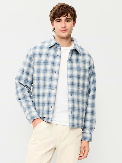 Cropped Insulated Flannel Shacket - Blue Plaid