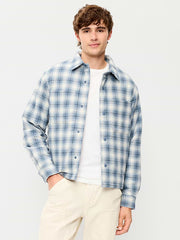 Cropped Insulated Flannel Shacket - Blue Plaid