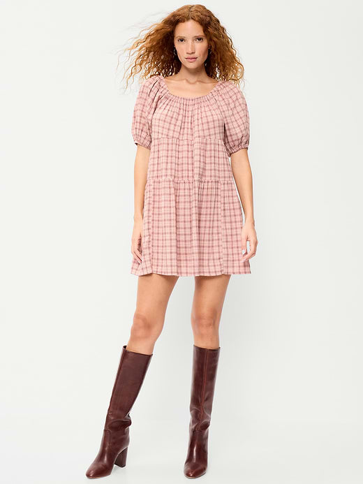 Puff-Sleeve Smocked Mini Swing Dress - Light Pink Plaid