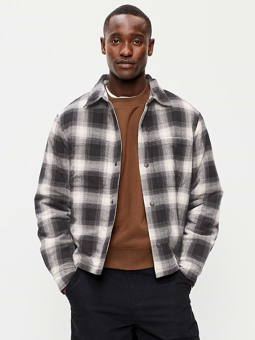 Cropped Insulated Flannel Shacket - Black Plaid