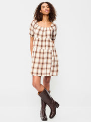 Puff-Sleeve Smocked Mini Swing Dress - Cream/Brown Plaid