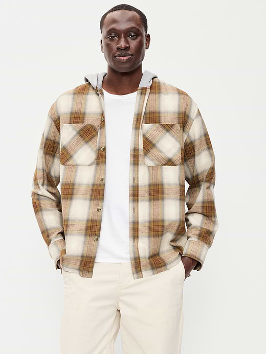 Long-Sleeve Flannel Hooded Shirt - Neutral Plaid