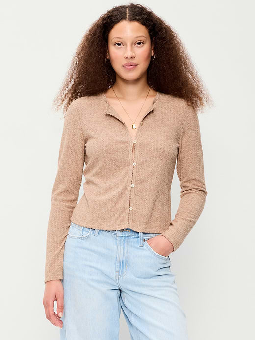 Long-Sleeve Button-Front Pointelle Top - Oatmeal Heather