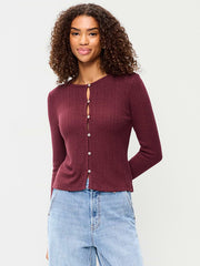 Long-Sleeve Button-Front Cutout Pointelle Top - Red Lacquer