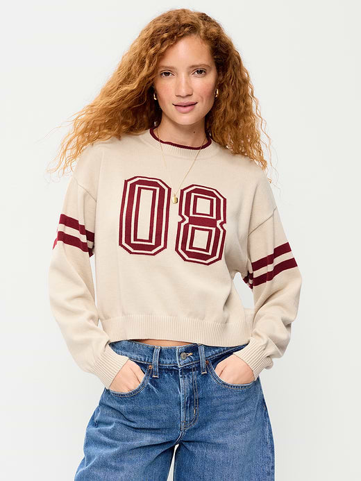 SoSoft Cotton Jacquard Crew-Neck Cropped Sweater - Letters/Numbers