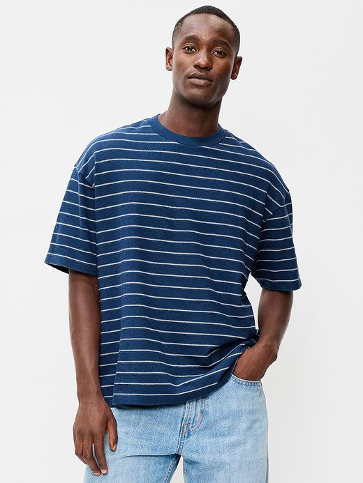 Oversized Heavyweight Garment-Washed T-Shirt - Navy Pinstripe