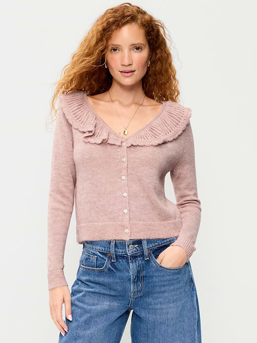 Ruffle-Collar Wool-Blend Pointelle Cardigan - Powder Pink